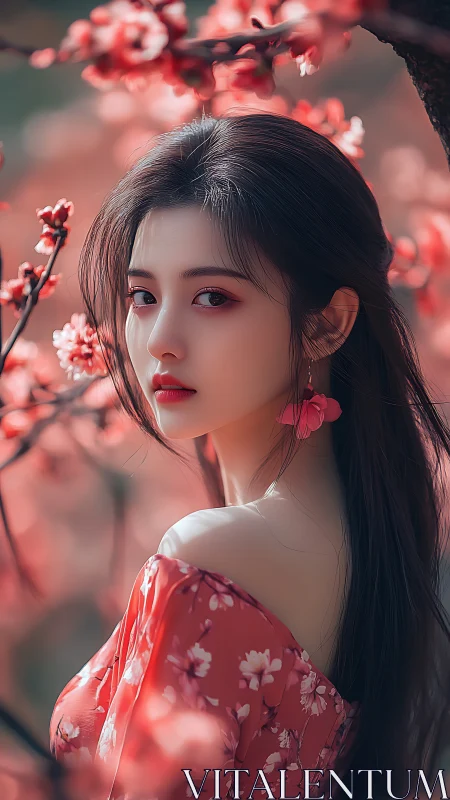 Woman in floral dress stands among soft pink blossoms