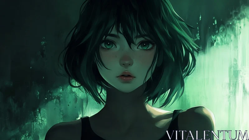 Digital portrait depicts green-lit girl in controlled lighting