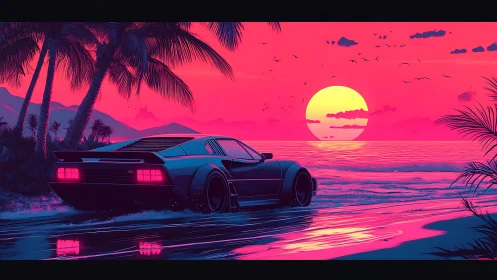 Retro sports car under neon sunset at tropical shore.