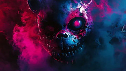 Metallic skull mask in dense magenta and cyan smoke.
