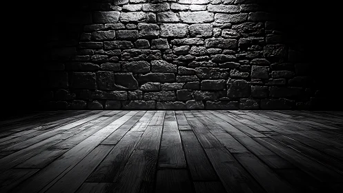 Monochrome stone backdrop with spotlighted timber floor composition.