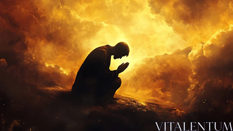 Kneeling silhouette in incandescent cloud chamber illumination.