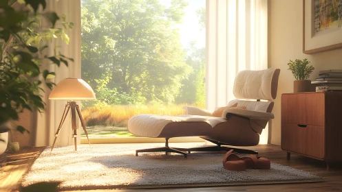 Sunlit ergonomic lounge chair in biophilic reading corner.