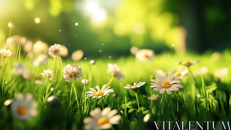 Daisy field bathed in golden sunlight and soft bokeh depths.