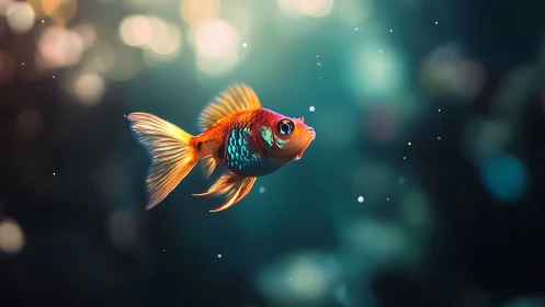 Glowing tropical fish drifts through dreamy aquatic bokeh scene.