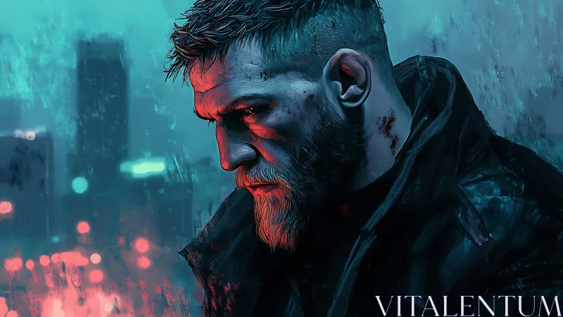 Bearded man in profile stares downward in neon city glow