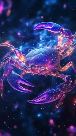 Neon cosmic crab drifts through a glowing galactic sea