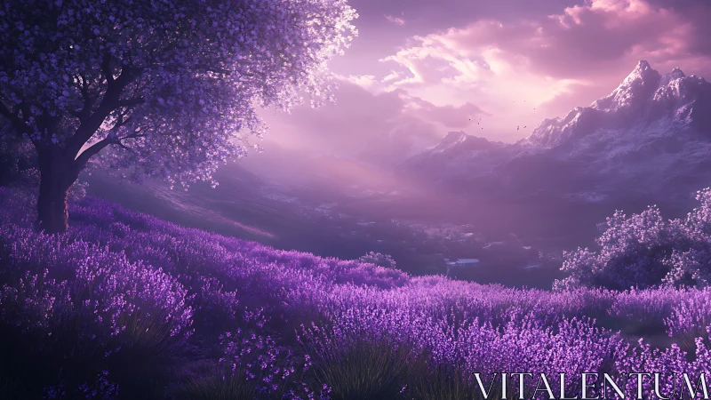 Digital painting of lavender valley under ethereal sunset glow.