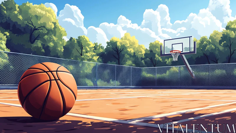 Sunlit outdoor court with resting basketball foreground