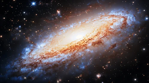 Spiral galaxy viewed edge-on with dense starfield backdrop
