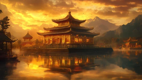 Golden sunset illuminates lakeside pagoda temple complex