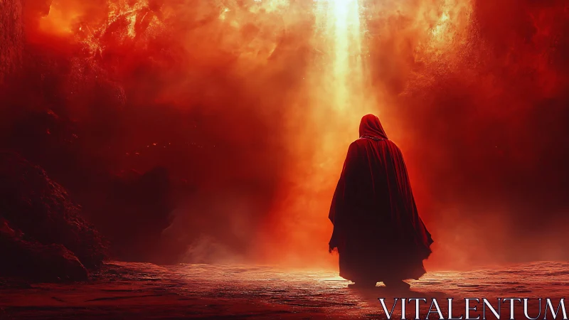 Lone cloaked wanderer kneels beneath a blazing red sky