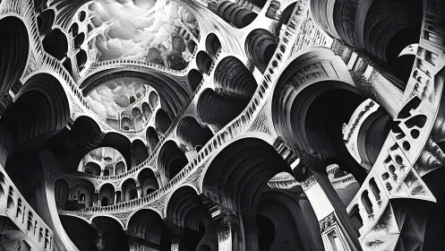 Monochrome multi level arches in abstract vaulted interior.