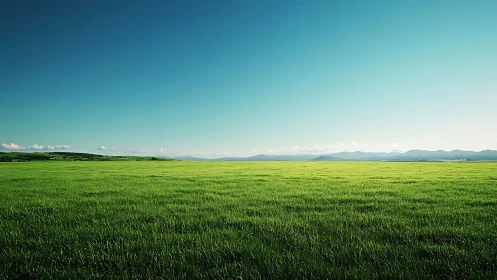 Endless green meadow stretches calmly beneath clear sky