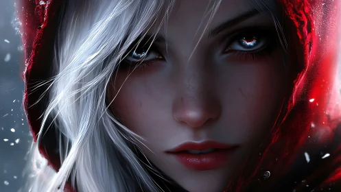 Silver-haired huntress in ember-lit hooded snowfall gaze.