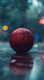 Lonely basketball rests on a rainy court with gentle city glow