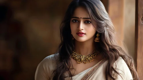 Graceful woman in saree with ornate gold jewelry portrait.