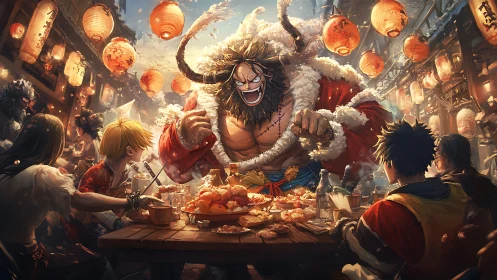 Boisterous horned warrior leads lantern lit winter feast