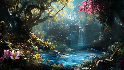 Enchanted waterfall cove where dream-bright lilies whisper.