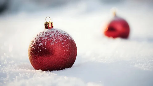 Red Christmas baubles resting on clean winter snow.