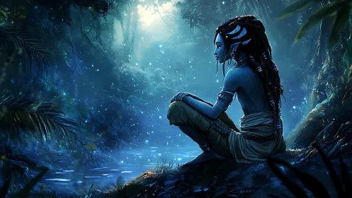Blue humanoid figure resting by glowing forest stream at night