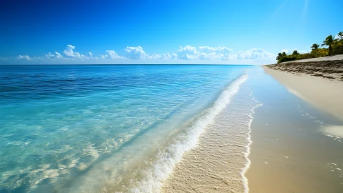 Sunlit tropical shoreline with crystal clear shallows.