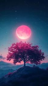 Pink moon over lone magenta tree on hill at night.