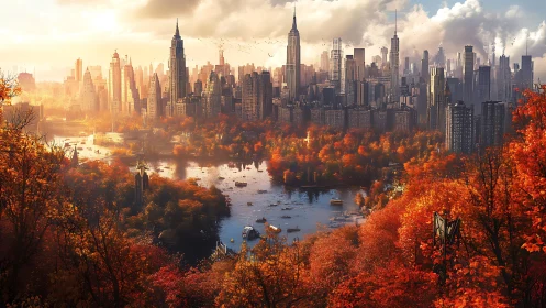 Digital city skyline above autumn lake with dense foliage