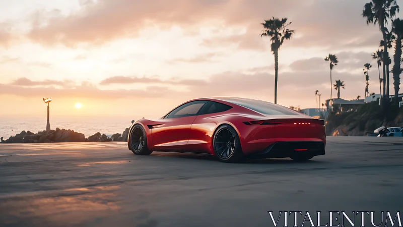 Red electric coupe at sunset on coastal promenade.