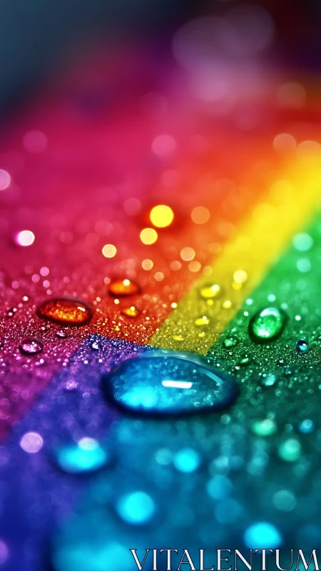 Macro view isolates water droplets over saturated rainbow