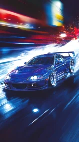Modified sports coupe drifts through illuminated wet roadway