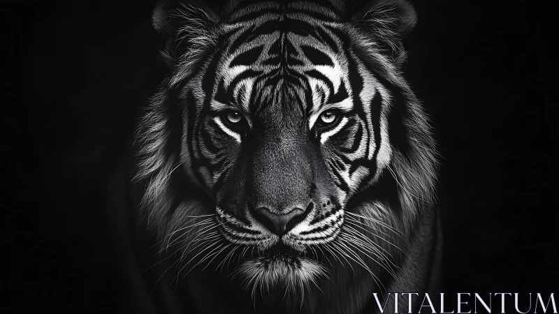 Monochrome frontal portrait isolates tiger facial structure