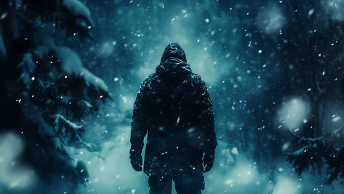 Lone figure stands in a stormlit, snow-covered forest night.