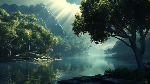 Ethereal Mountain Valley with Luminous Waters.