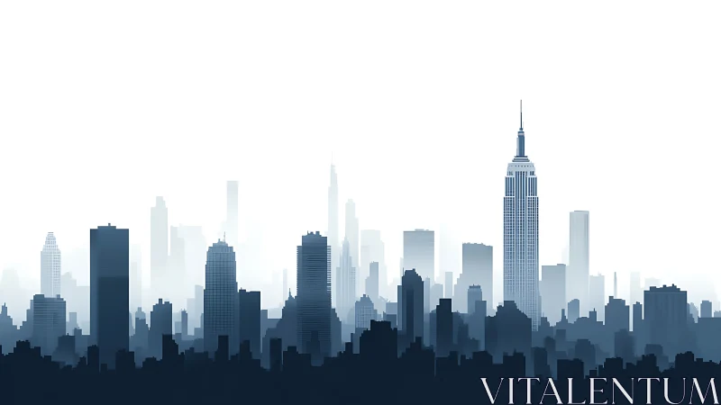 Monochrome high-rise skyline in layered atmospheric perspective.