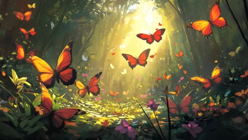 Sunlit forest glade filled with vivid orange butterflies.