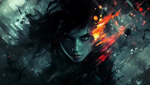 Cyber-noir female portrait dissolves into abstract incendiary strokes