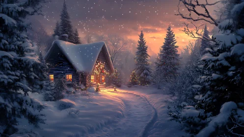 Snowy cabin at dusk with glowing lights and pine trees.