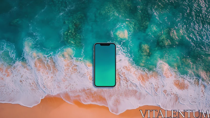 Dreamy shoreline sunrise with floating smartphone portal.