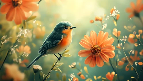 Colorful songbird perched in dreamy floral garden, digital art.