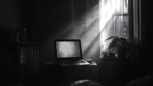 Laptop glows in a moody room of dust, plants and light