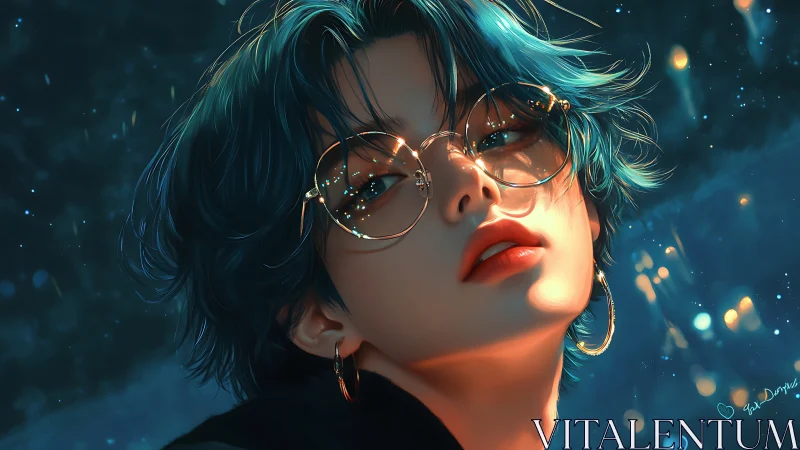 Neon teal haired youth with glasses under cinematic bokeh light