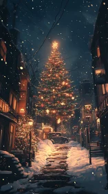 Snowy town glows around a towering Christmas tree at night