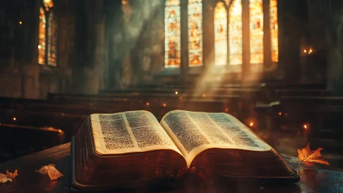 Photorealistic open Bible in cinematic cathedral light study.