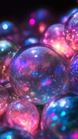Galactic orbs shimmer with neon cosmic light and color.