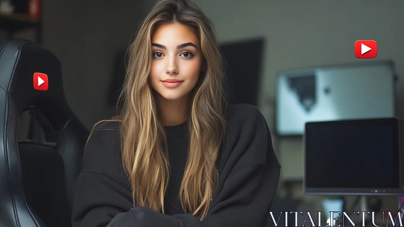 Warm young creator relaxing in a cozy streaming setup.