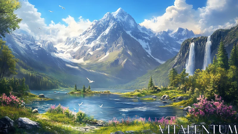 Panoramic alpine valley with glacial peaks, river basin and waterfalls