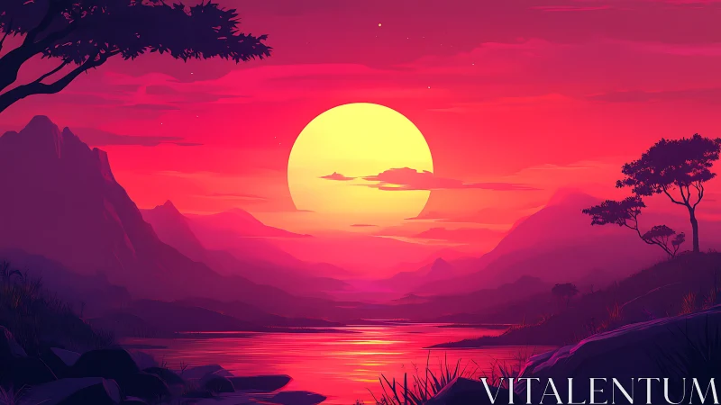 Vibrant digital sunset over distant mountains and river.