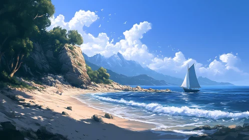 Sunlit cove, drifting sailboat, and mountains in soft haze.