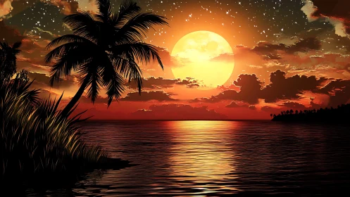 Digital sunset seascape with silhouetted palms and lunar glow.